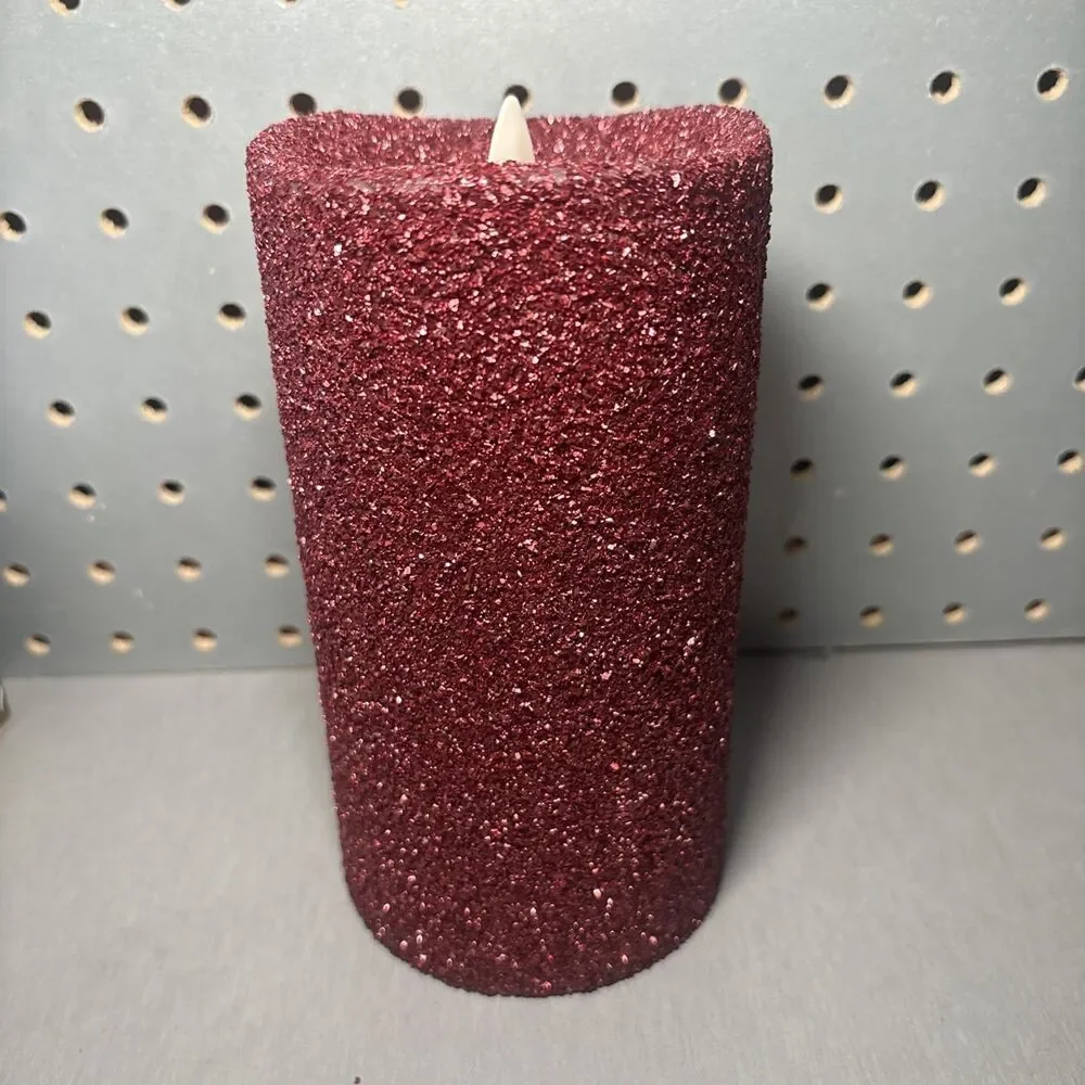 Luminara Flameless Pillar Candle Red Glitter Beaded 7